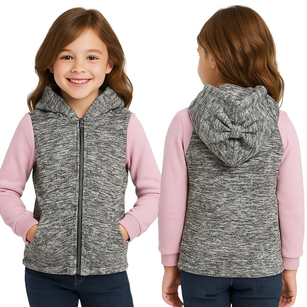 Chance or Fate Vest Sleeveless Grey Black Girls Size Large‎ Stretch Hooded Bow